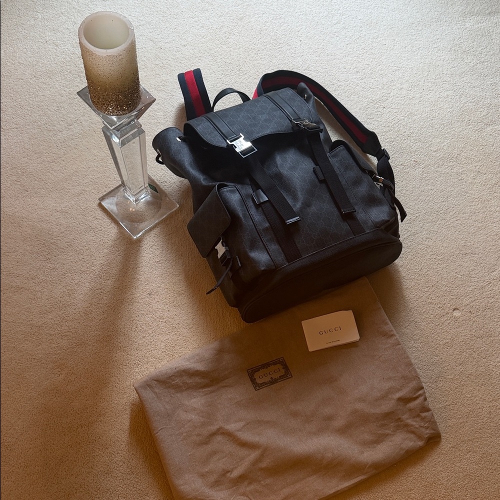 Gucci Black Backpack with Red and Blue Accents
